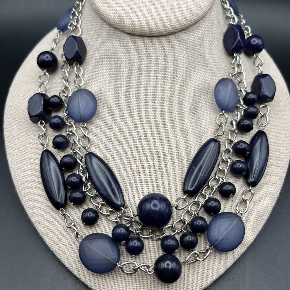 Talbots Layered Beaded Necklace Purplish Blue Silver Tone Collar Bold Statement